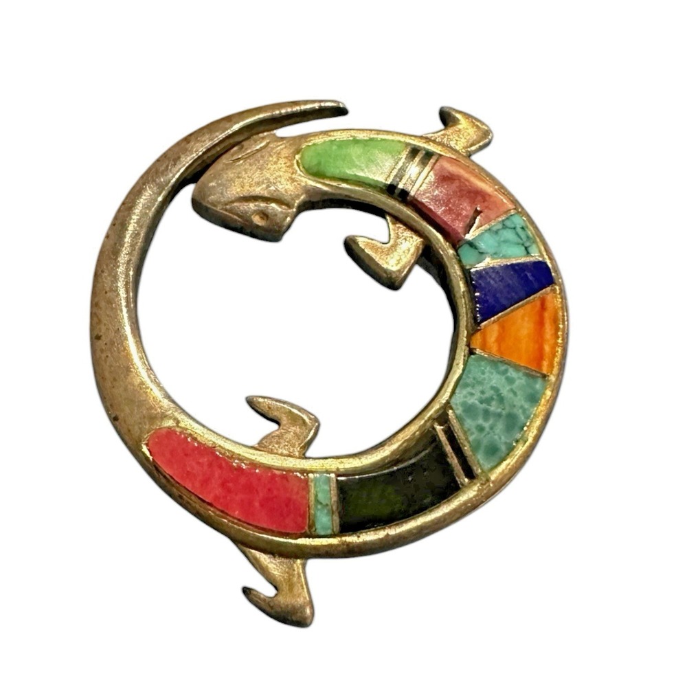 Navajo, Vintage Sterling Silver Inlay Lizard Pendant